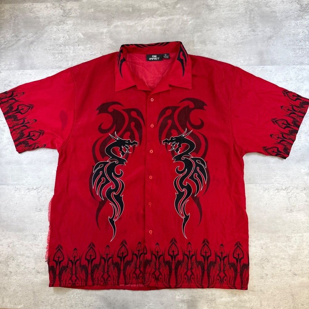 City Impact Mens XL Red Tribal Dragon Graphic Short Sleeve Button Down Shirt Y2K